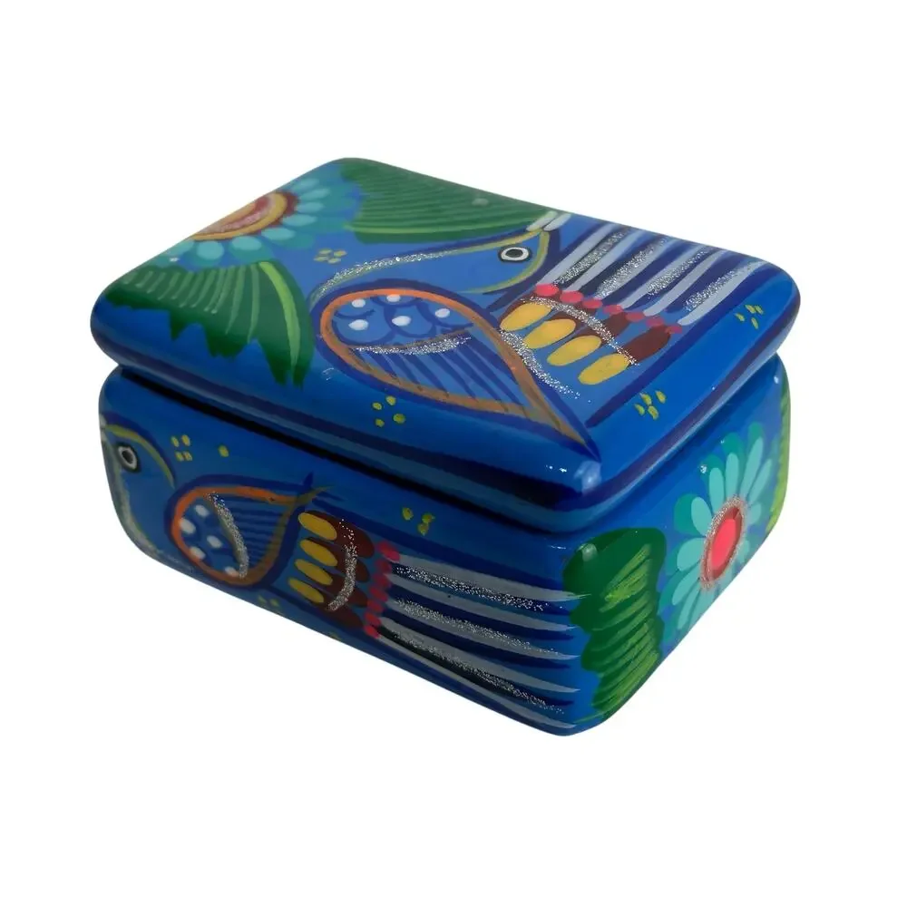 Hand Painted MEXICAN FOLK ART Blue Bird Terra Cotta Trinket Box